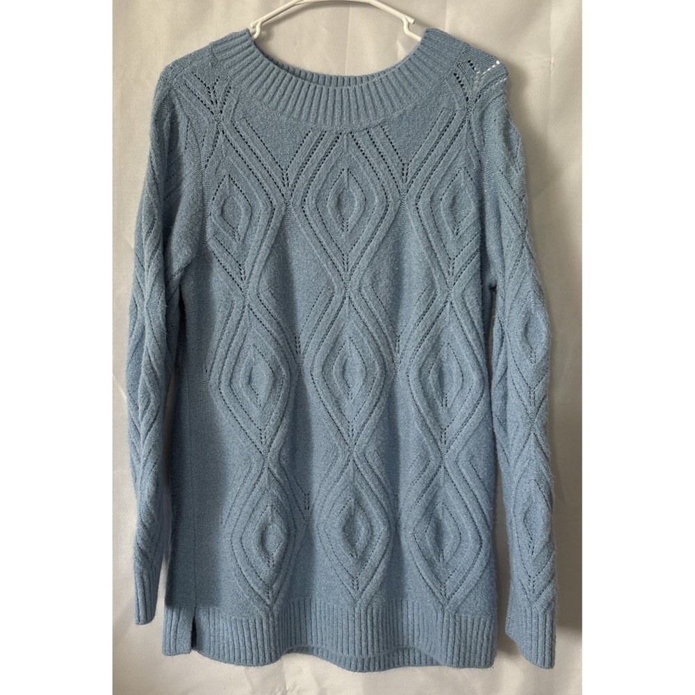 Talbots Womens Open Cable Knit Bateau-Neck Pullover Sweater M Blue Metallic